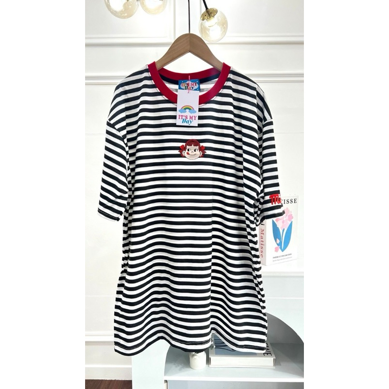 เสื้อยืดลายทางขาวดำ งานปัก peko