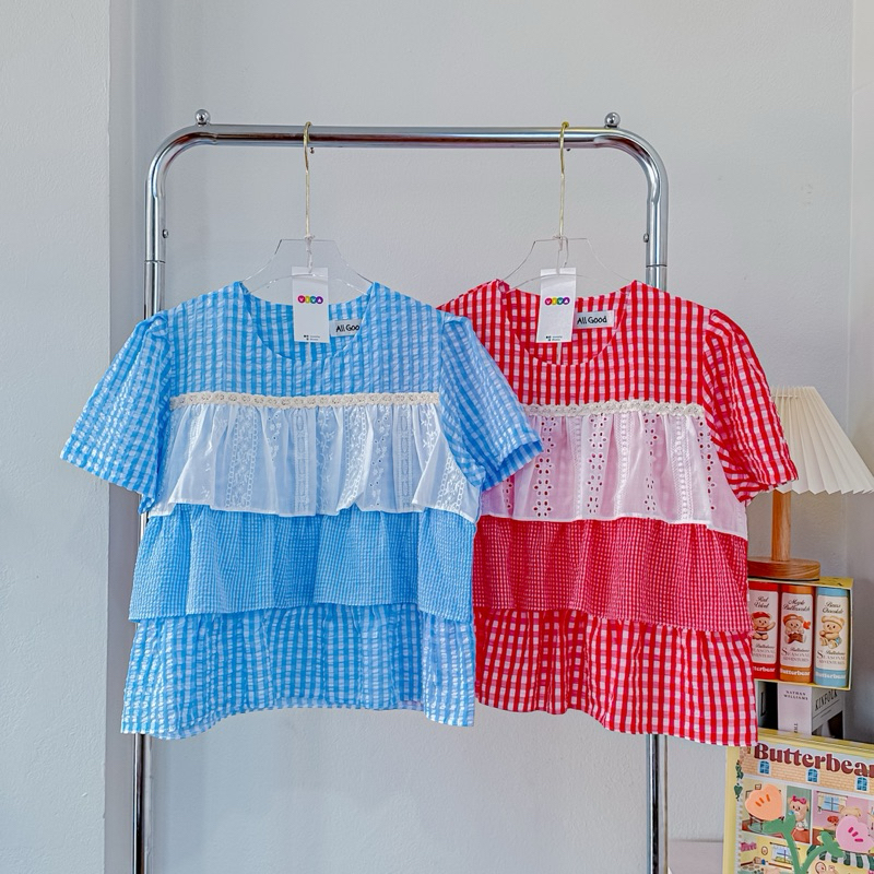 เสื้อคอกลมผ้าบับเบิ้ล ตัดต่อระบายชั้น