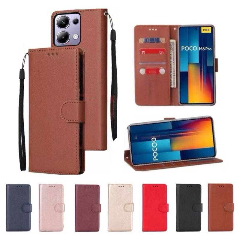 เคสหนัง Poco M6 pro 5G /M6 pro 4G /M6 4G /M6 5G /F6 pro 5G เคสหนัง มีสายห้อยมือ พร้อมช่องใส่บัตร เคส