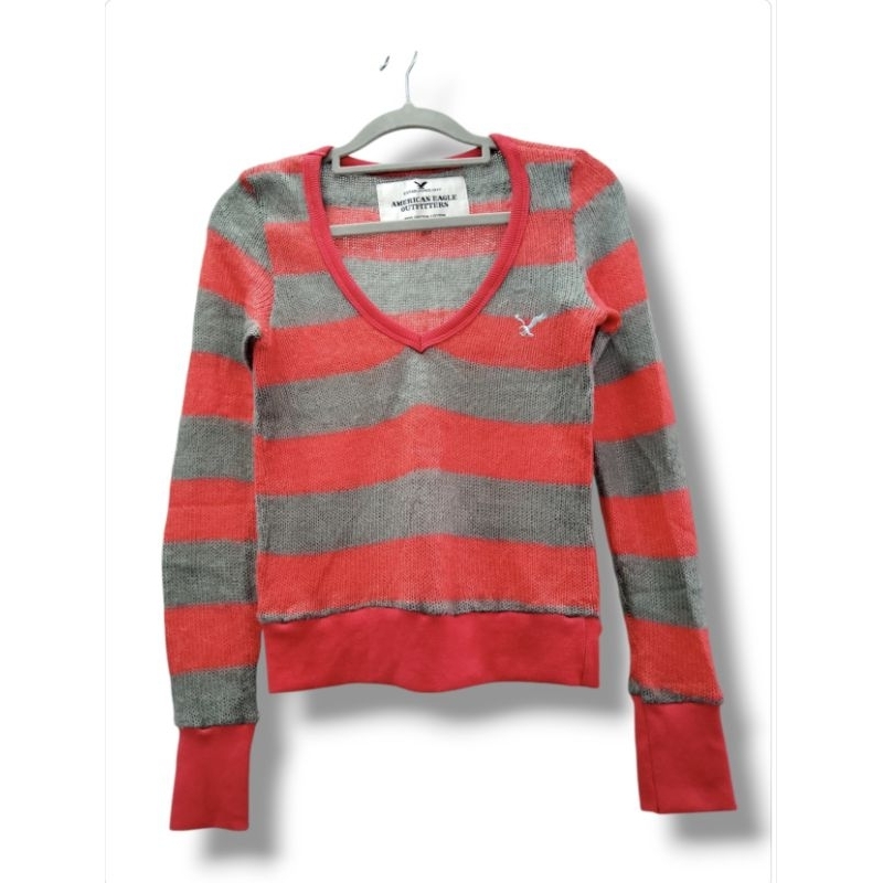 ไหมพรมคอวี  ลายทาง American Eagle งานไหมพรม💯cotton เนื้อดี ไม่หนา