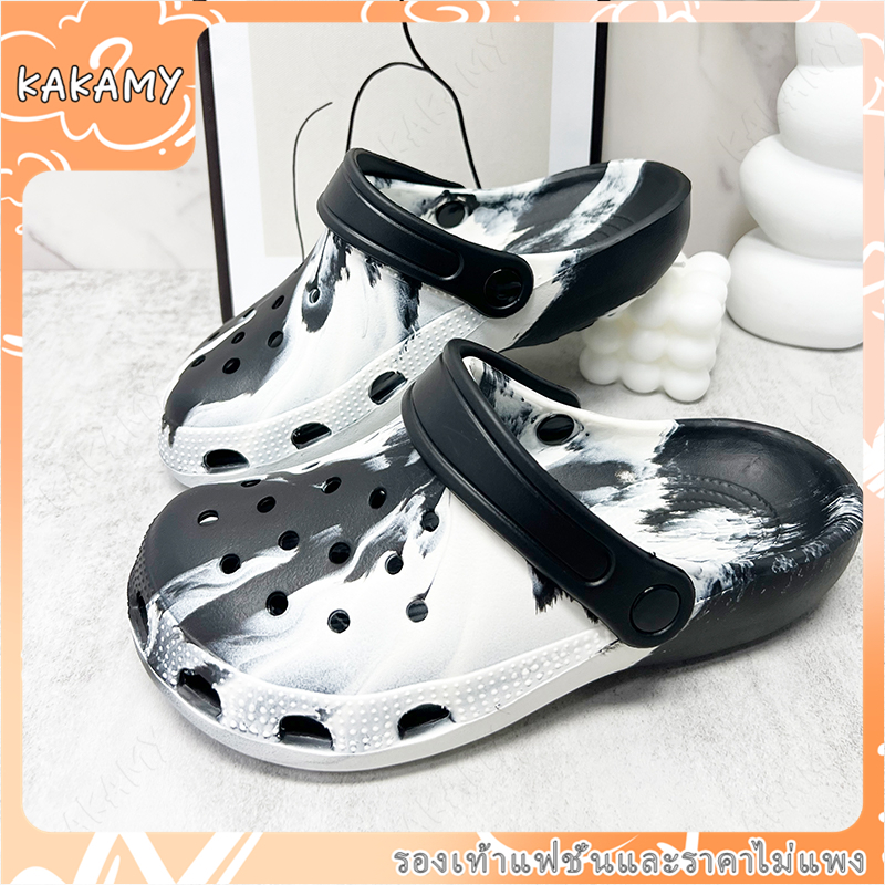 KAKAMY รองเท้าแตะชายหาด รองเท้าหัวโตแบบมีรู สไตล์เกาหลี DIY แฟชั่น พื้นหนา