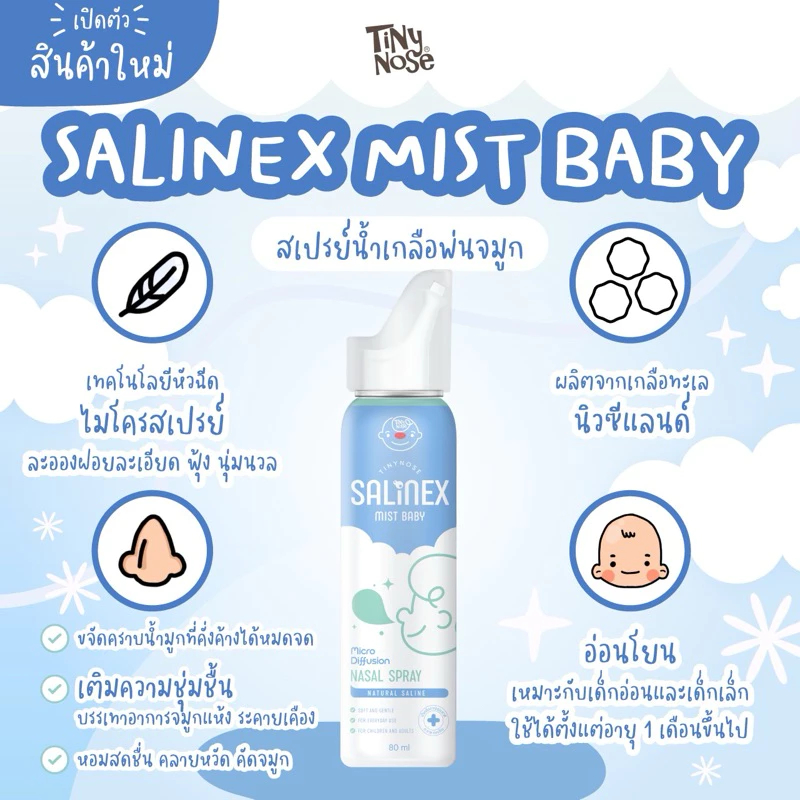 Salinex Mist Baby สเปรย์น้ำเกลือพ่นจมูก หรือ ล้างจมูก สำหรับเด็กอ่อน (ขนาด 80 มล.) สเปรย์พ่นจมูก Tiny Nose ไทนี่ โนส