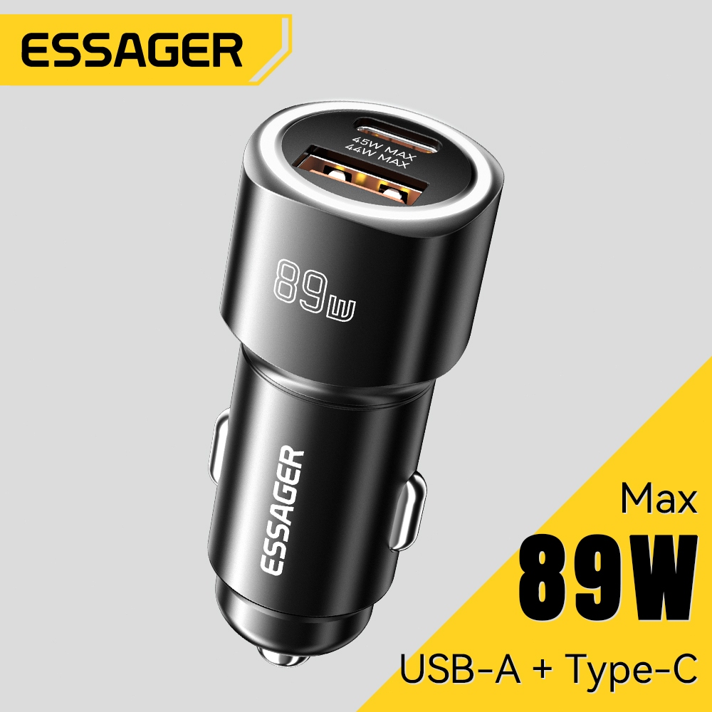 Essager เครื่องชาร์จในรถยนต์ 89W พร้อมพอร์ตคู่แบบโลหะ PD45W ชาร์จเร็ว เข้ากันได้กับโปรโตคอลการชาร์จห