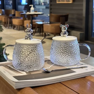 แก้วใส แก้วกาแฟ วัสดุพร้อมช้อนชง มีฝาปิดรูปหมี300ml(0002)