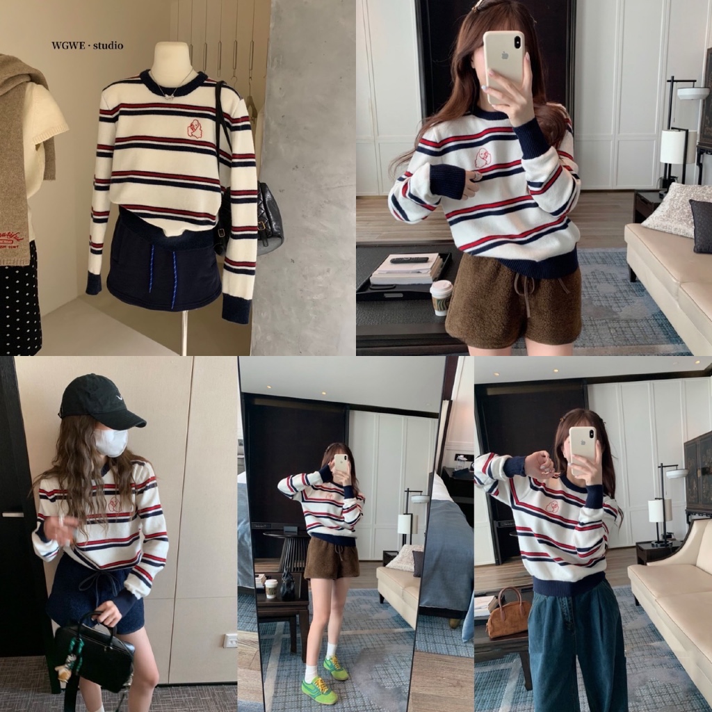 เสื้อคอกลมแขนยาวลายริ้ว งานผ้าไหมพรม ปักลายน้องหมาช่วงอก เนื้อผ้านิ่ม ยืดหยุ่น สวมใส่สบายมากค่ะ