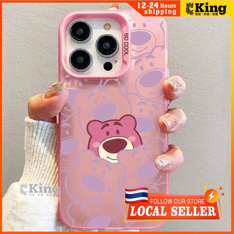 เคสโทรศัพท์โลหะชุบโลหะลายหมีสตรอเบอร์รี่น่ารัก ไอโฟน11 For iPhone12 13 14 15Pro MAX X XS XR 7 8Plus SE2020