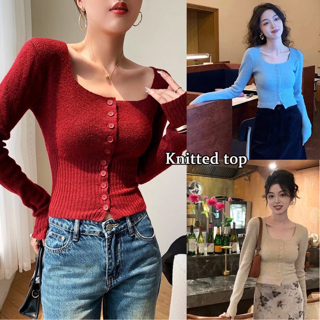 KOKO#เสื้อสีแดงคริสมาสสาวอวบ เสื้อคาร์ดิแกนถักแขนยาวคอสี่เหลี่ยมฝรั่งเศสสำหรับผู้หญิงท็อปส์ซูคริสต์มาสสำหรับผู้หญิง#3888