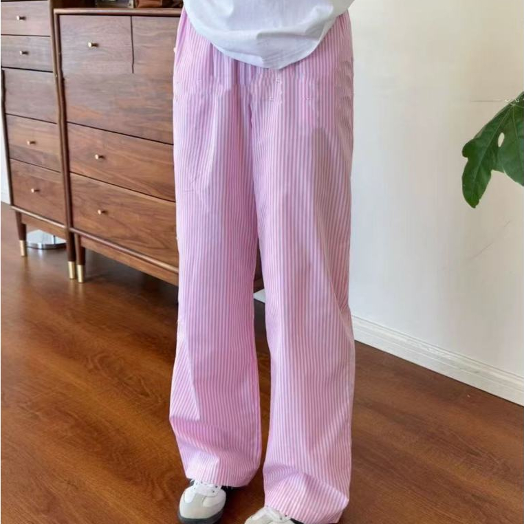 ashiongirl1688 กางเกงขายาว ผู้หญิงลายแถบ ลายทาง สีฟ้า ชมพู สุดน่ารัก บางเบาใส่สบาย ซักง่าย แห้งไว