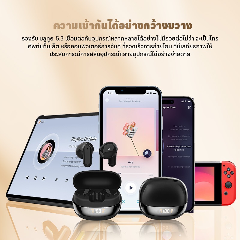 TWS ใหม่หูฟังบลูทู ธ ไร้สายกึ่งในหูแบตเตอรี่สามจอแสดงผลดิจิตอลจริงเกมเพลง 0 Delay Space Stereo สัมผัสลายนิ้วมืออัจฉริยะ