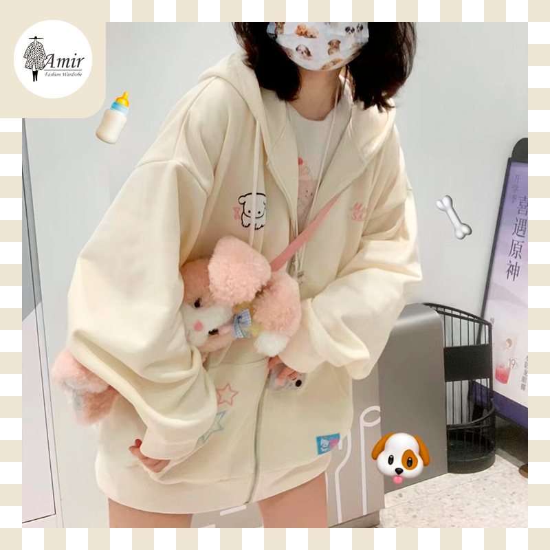 🌟Star Puppy Sweatshirt🌟เสื้อสเวตเชิ้ตน่ารักพิมพ์ลายปักหลวมและอเนกประสงค์ เสื้อแจ็คเก็ตมีฮู้ด แขนยาวหวานน่ารัก