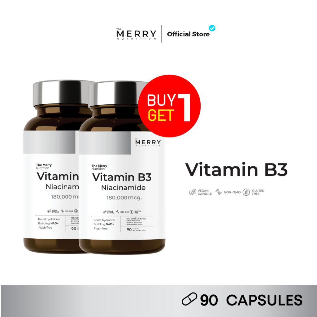 The Merry Vitamin B3 Niacinamide 180,000 mcg. วิตามินล็อคผิวชุ่มชื้น : 90 Capsules