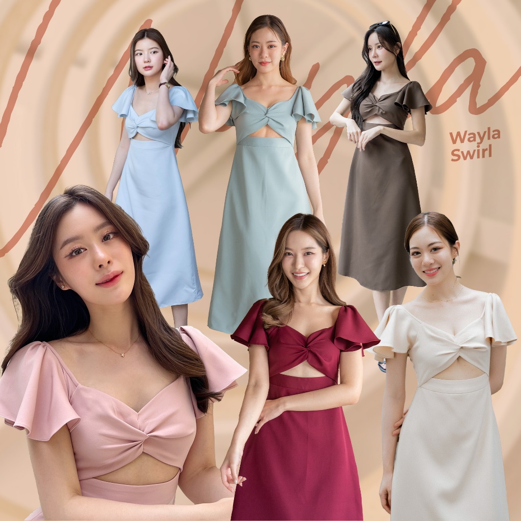 Wayla Swirl (Primrose/Ivory/Rainy/Dark Brownie/Marine/Cherry) - เดรสออกงานสีชมพู/ครีม/ฟ้า/น้ำตาลโกโก้/เขียวอมฟ้า/แดง