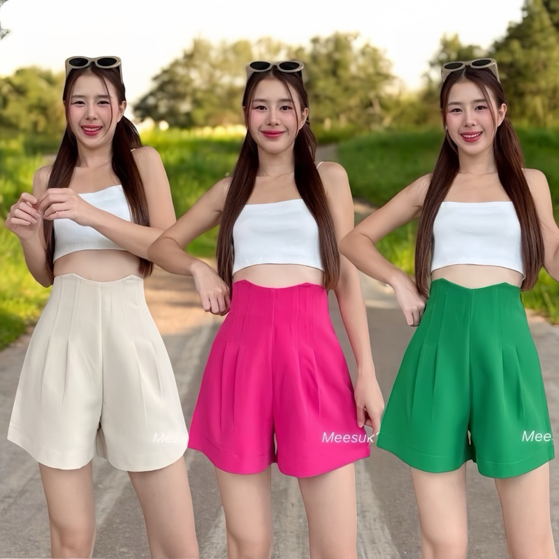 มาใหม่ กางเกงขาสั้นเอวสูงปริ๊ดขอบโค้งผ้าไมโครจร้า