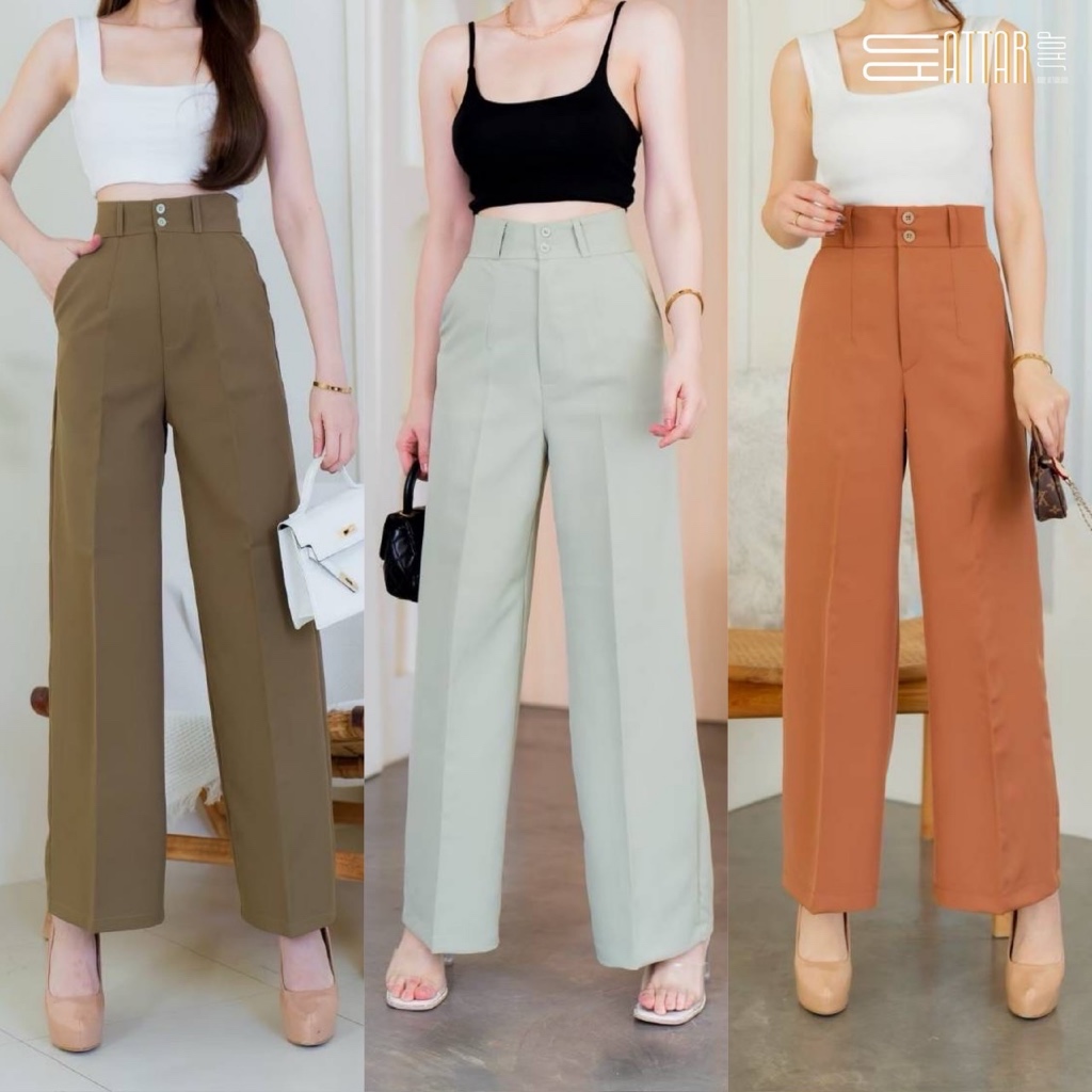 กางเกงขากระบอกใหญ่เอวสูง ทรงลุง ซิปหน้า2กระดุม (S-3XL)