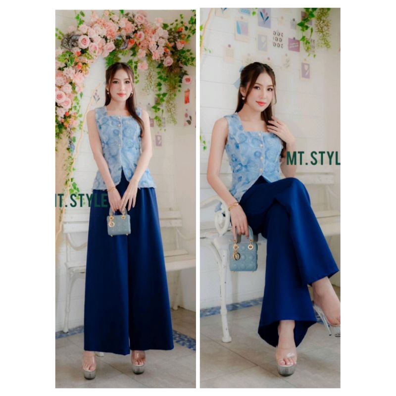 (S,XL)พร้อมส่ง ชุดเซท 2 ชิ้น เสื้อแขนกุดดอก3Dสีฟ้ากับกางเกงขายาวสีกรม งานป้าย MT.Style แท้ มือ1 ป้ายห้อย