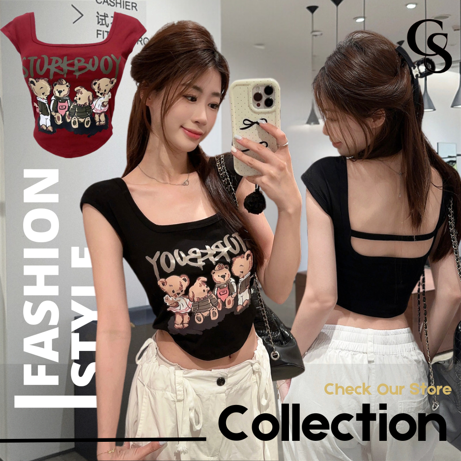 เสื้อกล้ามแฟชั่นลายลูกหมี B-045 เสื้อแฟชั่นผู้หญิง โชว์แผ่นหลัง เสริมฟองน้ำในตัว สไตล์แฟชั่นเกาหลี