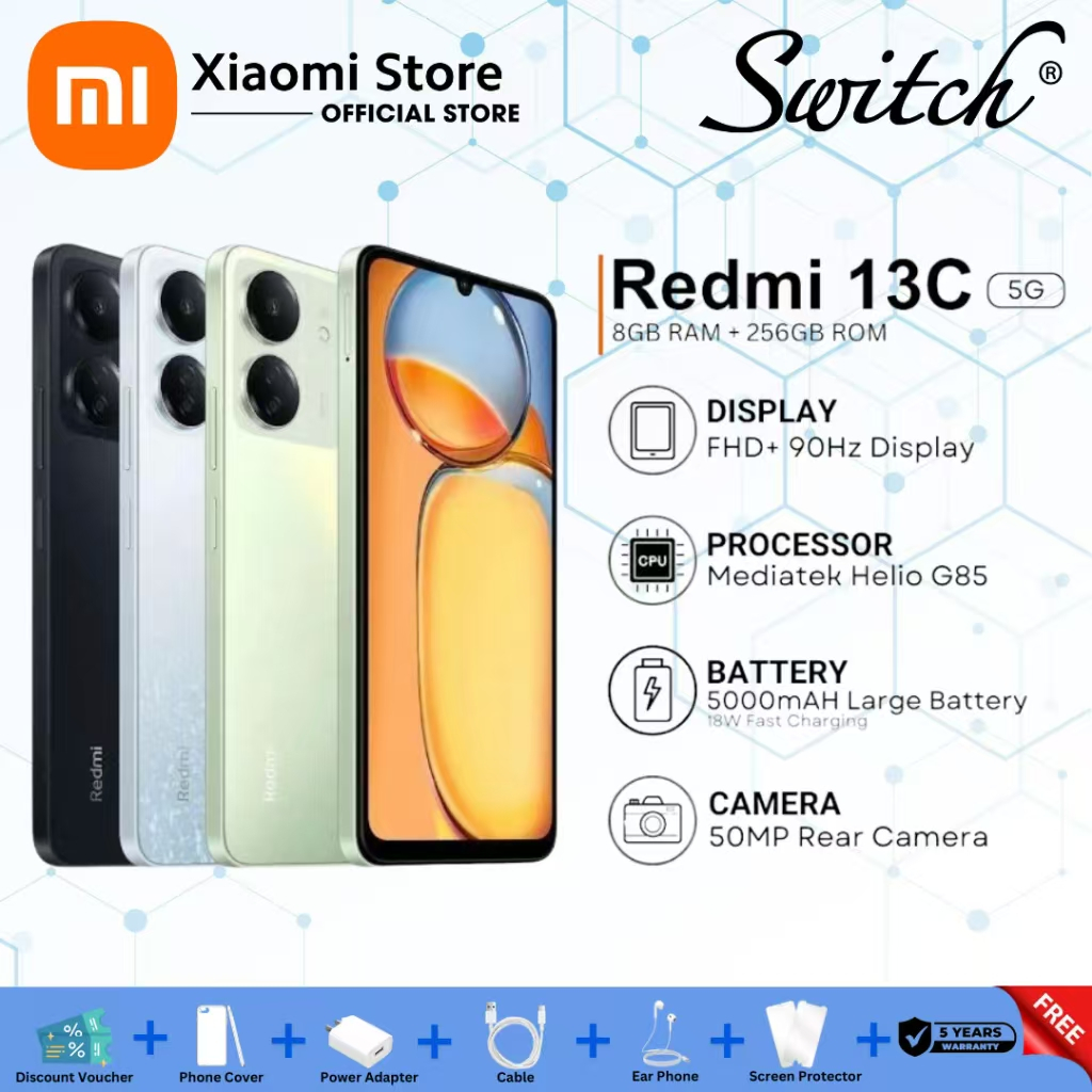 2024 Redmi 13C 5G（ 12GB + 256GB ）หน้าจอสัมผัส สมาร์ทโฟนเรียบ 90Hz 6.74 นิ้วจอแสดงผล / 50MP AI สามกล้อง 5000mA แบตเตอรี่