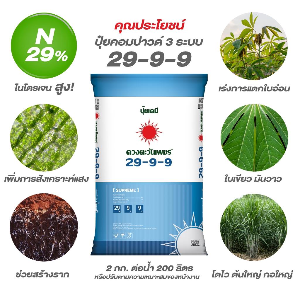ปุ๋ยดวงตะวันเพชร สูตร 29-9-9 (เกรดละลายน้ำ) ขนาด 25 กิโลกรัม