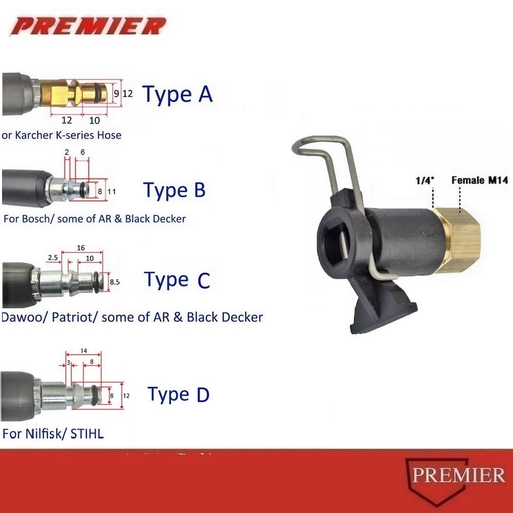 ข้อต่อสำหรับต่อสายฉีดน้ำ Bosch Zinsano แปลงเป็นเกลียวใน 1/4 หรือ 14mm อแดปเตอร์ (เพือต่อกับปืนฉีดน้ำทั่วไป) Type A B C D