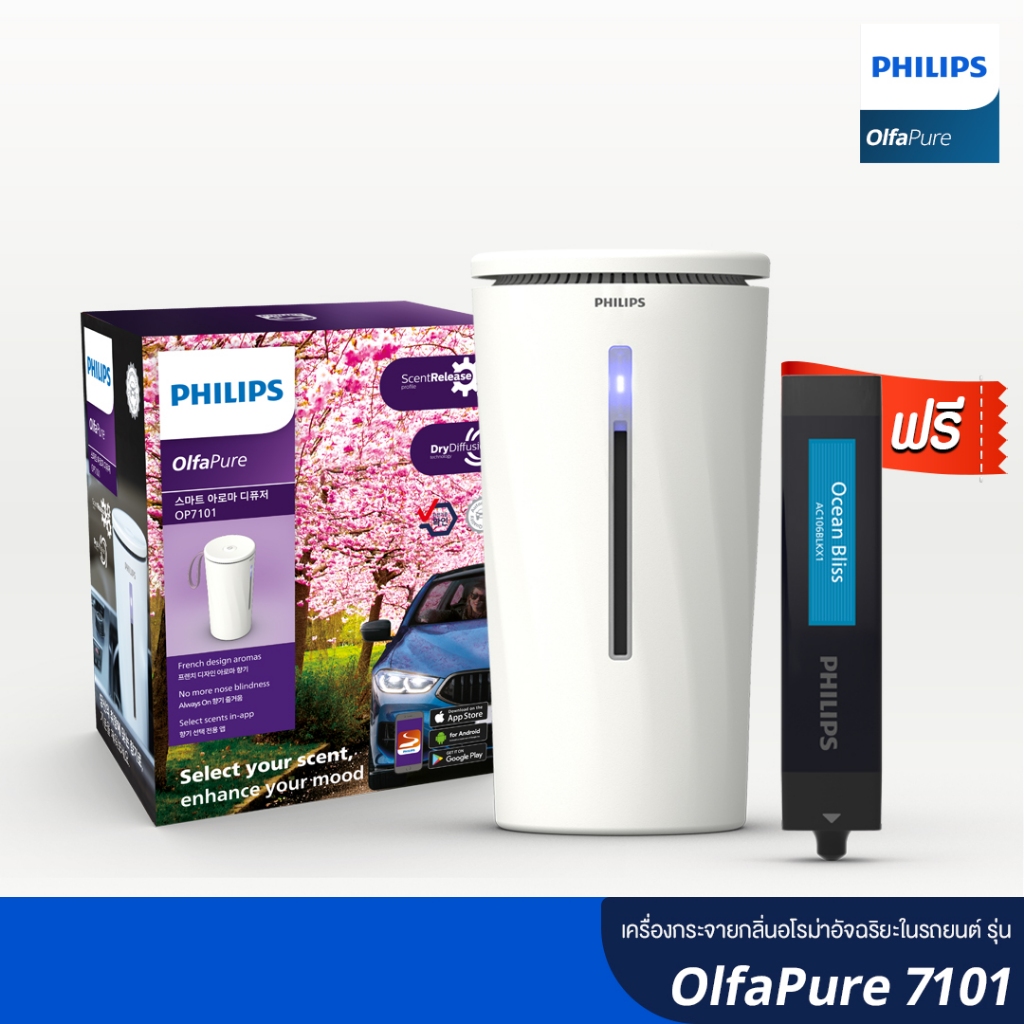 Philips ฟิลลิปส์ เครื่องกระจายกลิ่นอโรม่าอัจฉริยะในรถยนต์ รุ่น OlfaPure 7101 สีขาว
