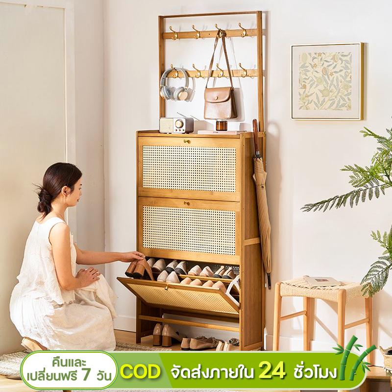 Qizhu ตู้ทางเข้า มีตะขอ ตู้รองเท้า 3 ชั้น  ตู้เก็บของเอนกประสงค์  แขวนชั้นวางรองเท้าชั้นวางของ กันฝุ