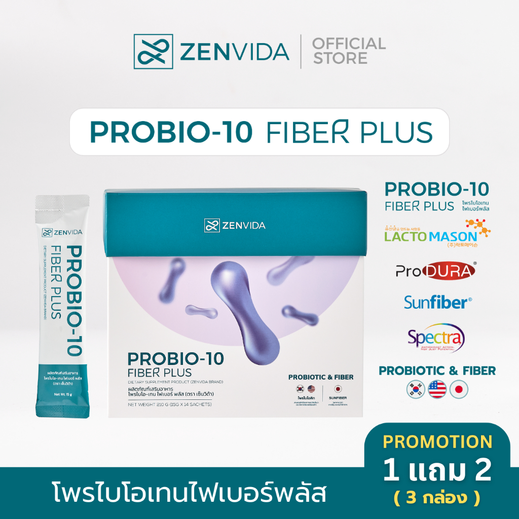 [ โปร 1 แถม 2 ] ZENVIDA Probio-10 Fiber Plus โพรไบโอเทนไฟเบอร์พลัส โพรไบโอติก พรีไบโอติก ไฟเบอร์ แก้ท้องผูก ถ่ายง่าย