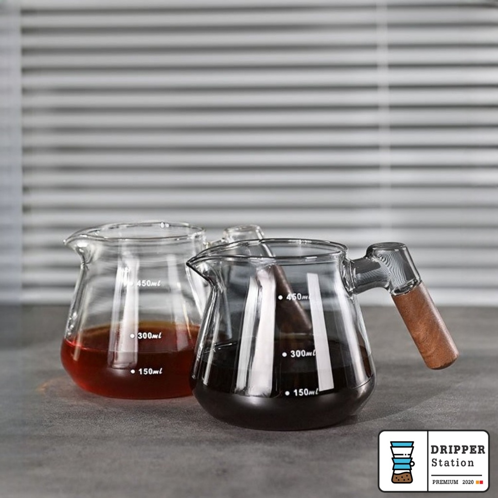 Dripper station เหยือกดริปกาแฟด้ามไม้ ไม่มีฝาปิด Borosilicate Coffee Glass wood handle