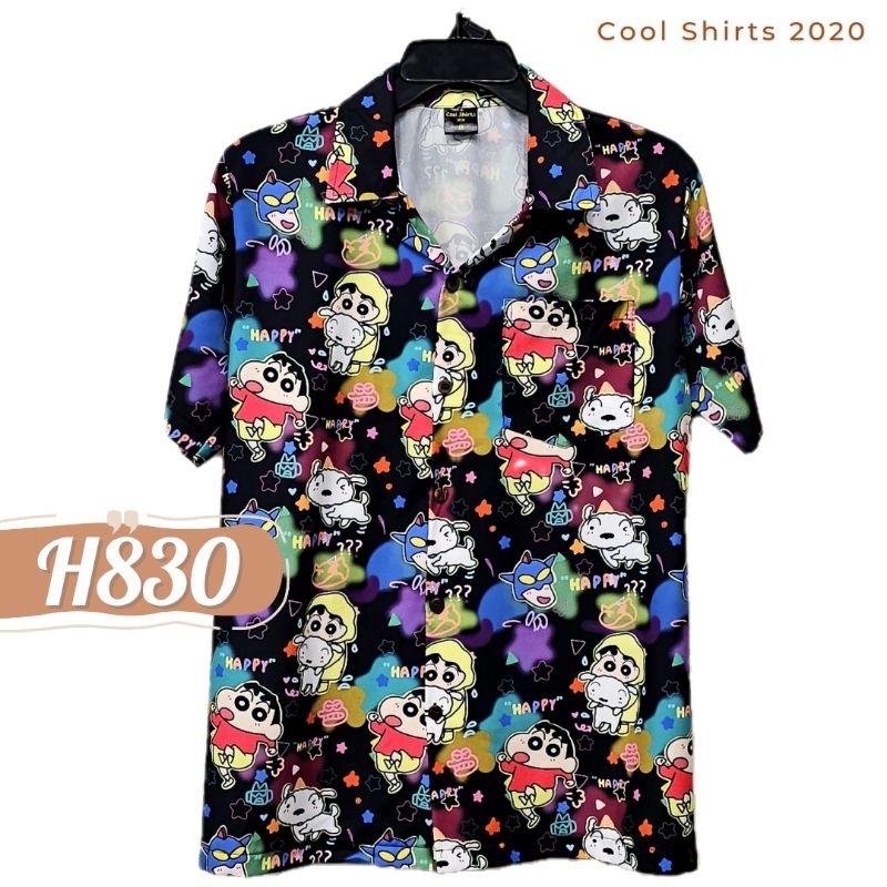 เสื้อฮาวาย ผ้าไหมอิตาลี ชินจัง พื้นดำ H830