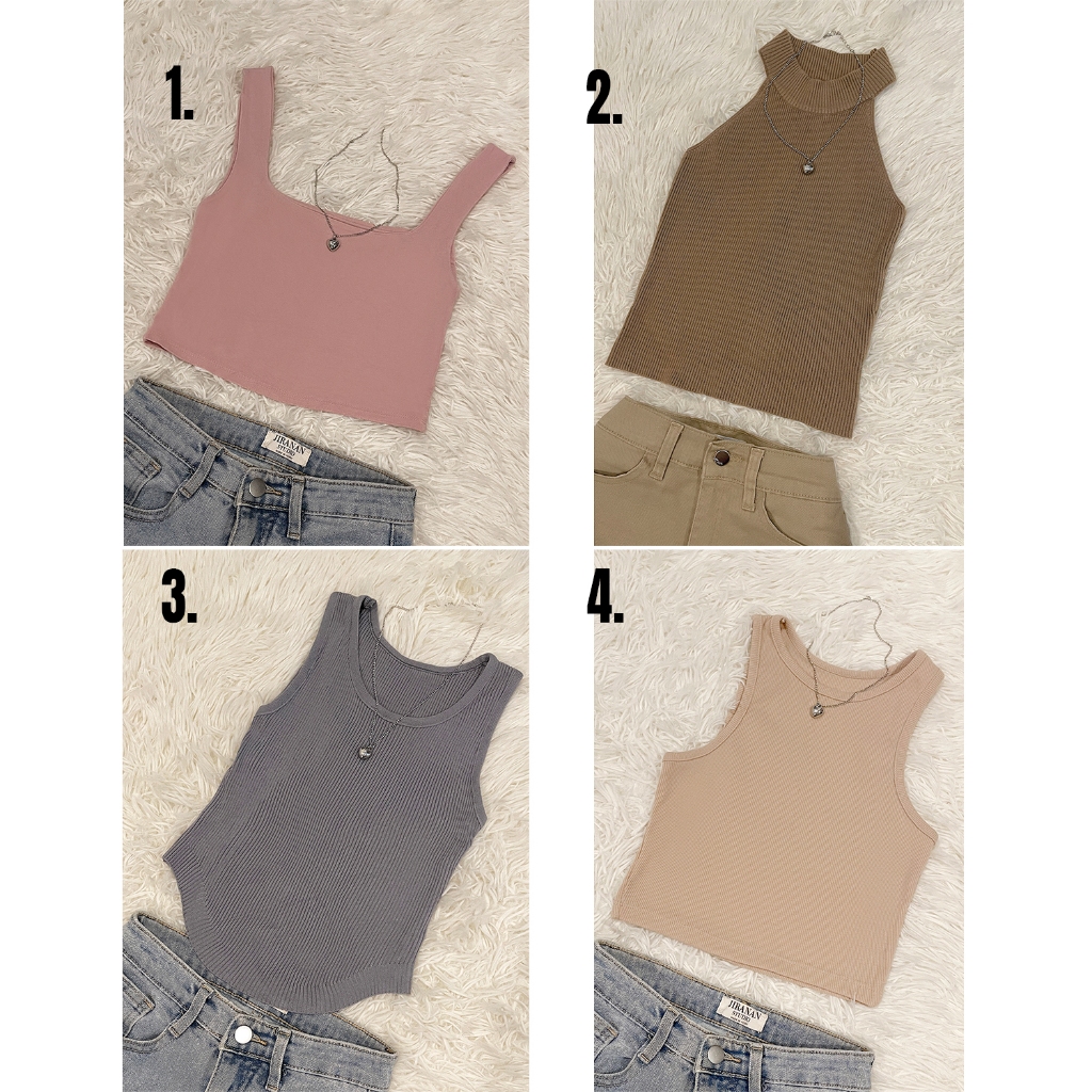 เสื้อกล้าม เสื้อครอป เสื้อแขนกุด เว้าไหล่ ผ้าถักไหมพรม ผ้าร่อง ผ้าเรย่อน สีชมพู เทาดำ สีเนื้อ