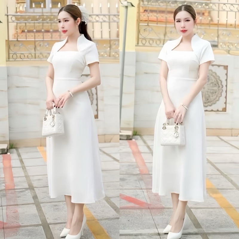 D04 เดรสยาว เสริมฟองน้ำ ผ้าหนา อัดผ้ากาว ใส่ซับในทั้งตัว ยาว49“ (รุ่นคอปีน) Dress เสื้อผ้า ผู้หญิง
