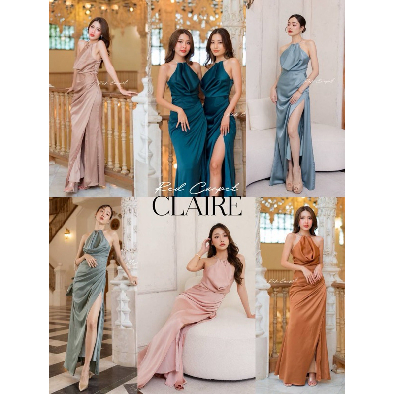 🏷Red Carpet #R076 Claire Dress เดรสยาวไหล่คล้องคอสายเพชร เดรสซาติน ชุดราตรี ชุดออกงาน เพื่อนเจ้าสาว