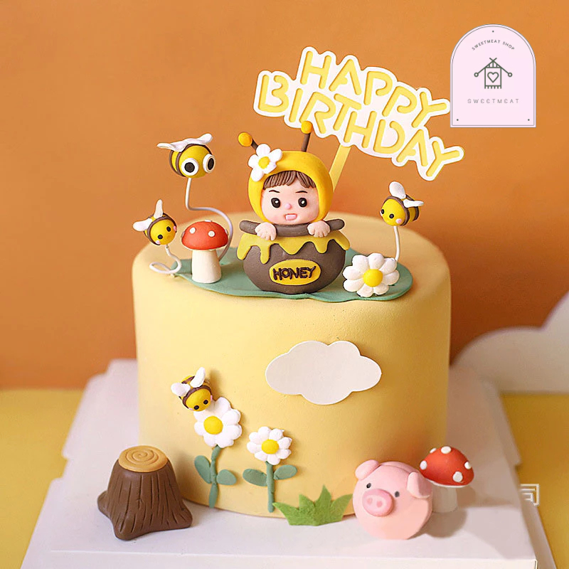 ตุ๊กตาผึ้งน้อยตกแต่งเค้ก ป้ายปักHBD ผึ้งน้อยน่ารัก ดอกไม้ป่า พืช แต่งเค้ก