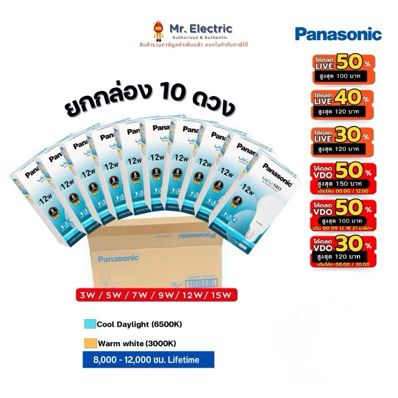 (ยกแพ็ค) 10หลอด Panasonic หลอดไฟ LED NEO นีโอ ขั้วE27 3W 5W 7W 9W 12W 15W แสงขาว ส้ม ยกลัง ประหยัดไฟ