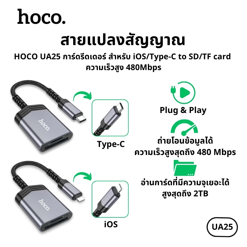 เครื่องอ่านการ์ด HOCO UA25 สำหรับโอนถ่ายข้อมูล 2in1 Card Reader MGBB OTG IP to SD+TF Card