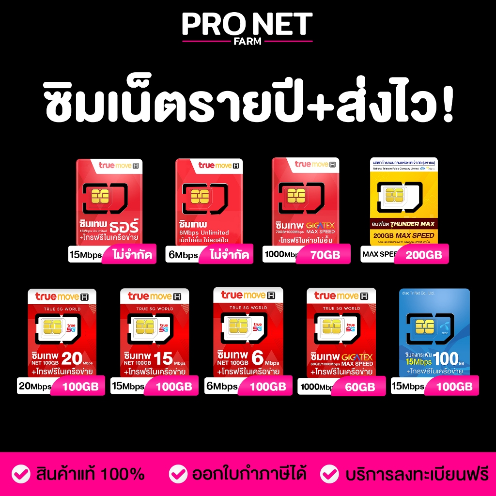 รวม ซิมเทพ ซิมรายปี เน็ตแรง เน็ตไม่อั้น Max Speed พร้อมโทรฟรี ส่งฟรี TRUE #โปรเน็ตฟาร์ม