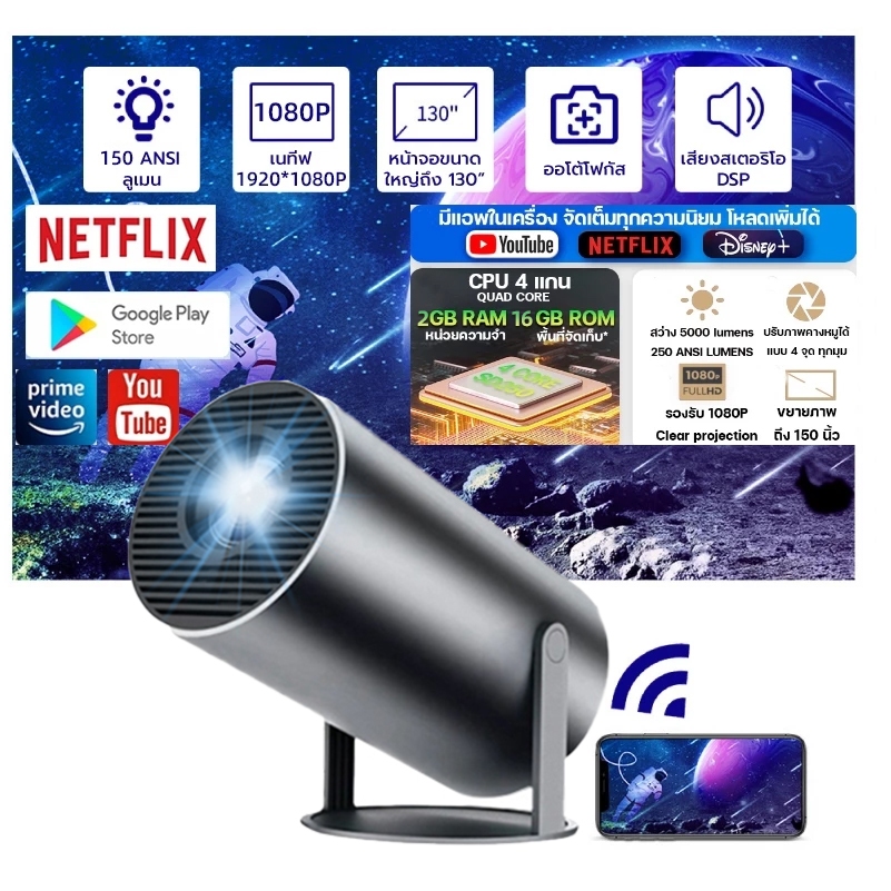 HY300 โปรเจคเตอร์ Android 11 Projector 4K มินิโปรเจคเตอร์ WIFI 1080P พร้อมแอพ youtube
