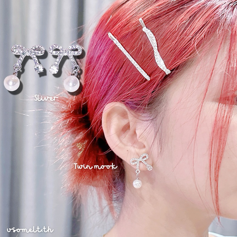 USM - Twin Mook Earrings | ต่างหูโบว์ประดับเพชรทั้งอัน ห้อยมุก