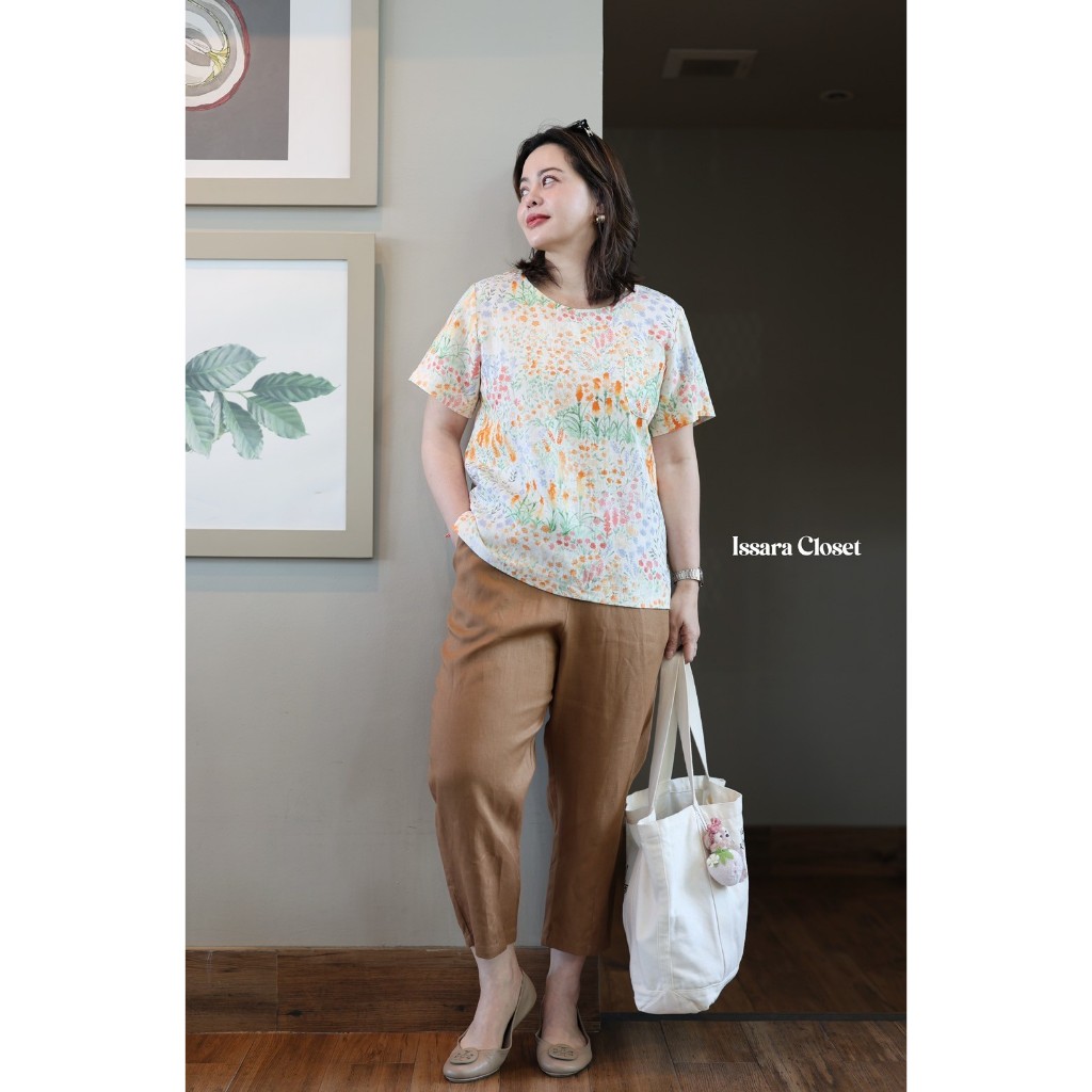 Tee Linen #ลายดอกส้มพื้นครีม
