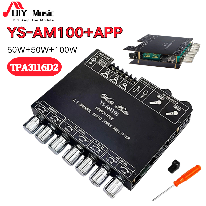 YS-AM100 +APP บอร์ดเครื่องขยายเสียง TPA3116D2พร้อมไมโครโฟนในตัว50Wx2+100W All In One 2.1 Channel Hig