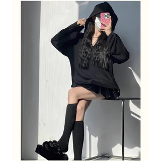 Beryl เสื้อยืดแขนยาวมีฮู้ดสไตล์ขี้เกียจสำหรับผู้หญิง เสื้อหลวมและหลากหลาย สไตล์เกาหลี
