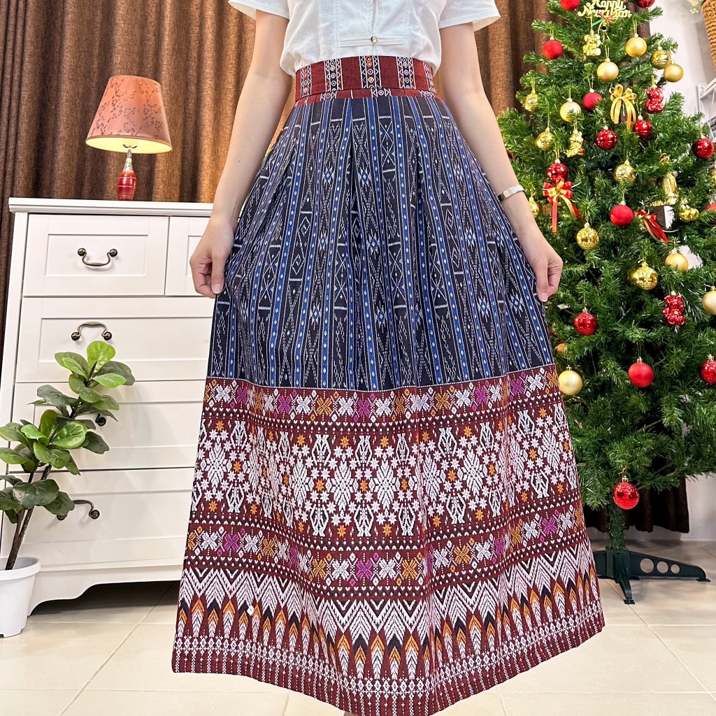 กระโปรงจีบทวิสยาวซิปข้าง ลายดอกแก้ว Skirt ผ้าฝ้ายพิมพ์ลาย