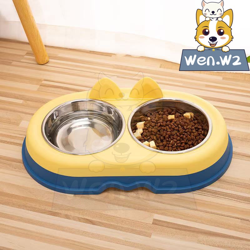 wen.W2 ชามสัตว์เลี้ยงลูกแมวชามสุนัขตั้งโต๊ะอาหารแมวหูจับสแตนเลสคู่ชามสัตว์เลี้ยง