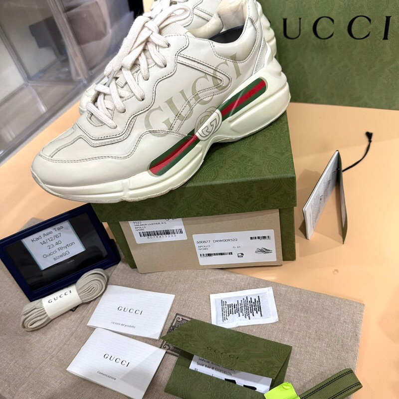 ❤️Use VeryVeryLike New MEN'S RHYTON GUCCI LOGO LEATHER SNEAKER  SiZE 9.5G เหมาะเท้า 28.5-29Cm