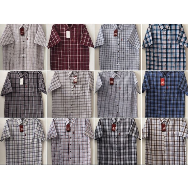 เสื้อเชิ้ตลายแขนสั้นผู้ชายผ้าคอตตอนเนื้อดี