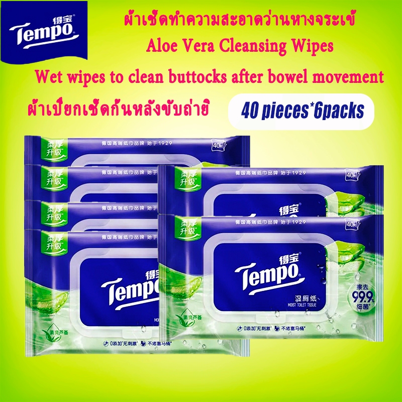 tempo Wet wipes Wipe with Aloe Vera Extract wipes after bowel movemen ผ้าเช็ดเปียก เช็ดด้วยผ้าเช็ดทำความสะอาดสารสกัดจากค