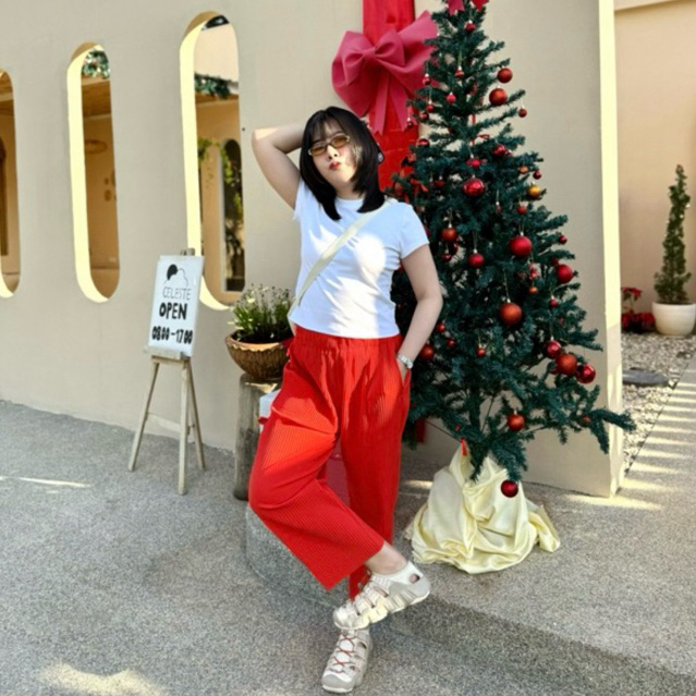 🍊กางเกงอัดพลีท สีส้ม จี๊ดดดดด ทรงบอลลูน พรางหุ่นสวย ผ้านุ่มใส่สบายมากกก