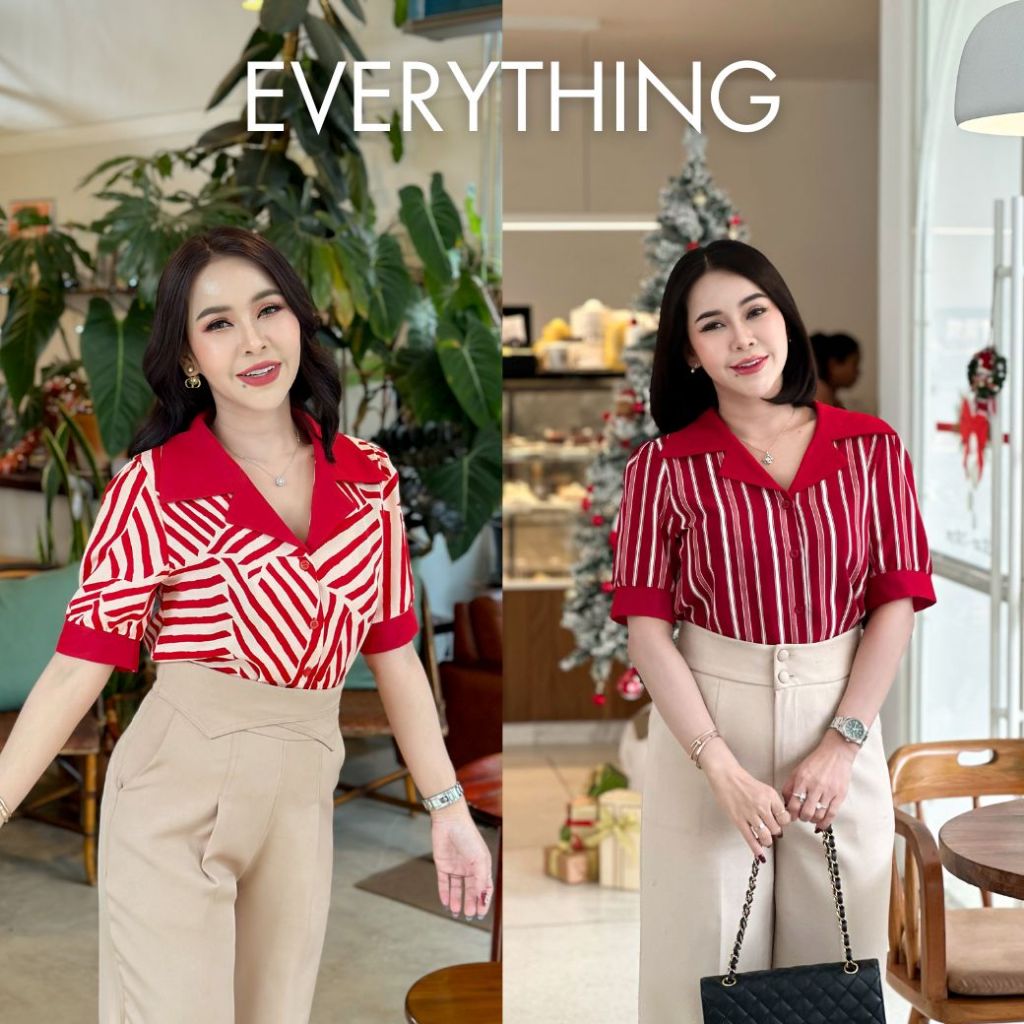Everything2019 เสื้อทำงานผู้หญิงคอปกป้าน แขนสั้น กระดุมจริง ผ้าดีใส่สบาย มีหลายไซส์ (6148)