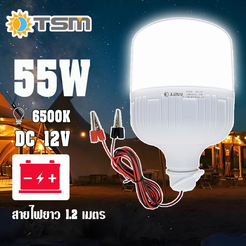 หลอดไฟ LED DC 12V 10W 15W 20W 55W แสงขาวใช้ที่ตลาดกลางคืนใช้แบตเตอรี่รถชุดหลอดไฟ พร้อมสาย ปากคีบแบต