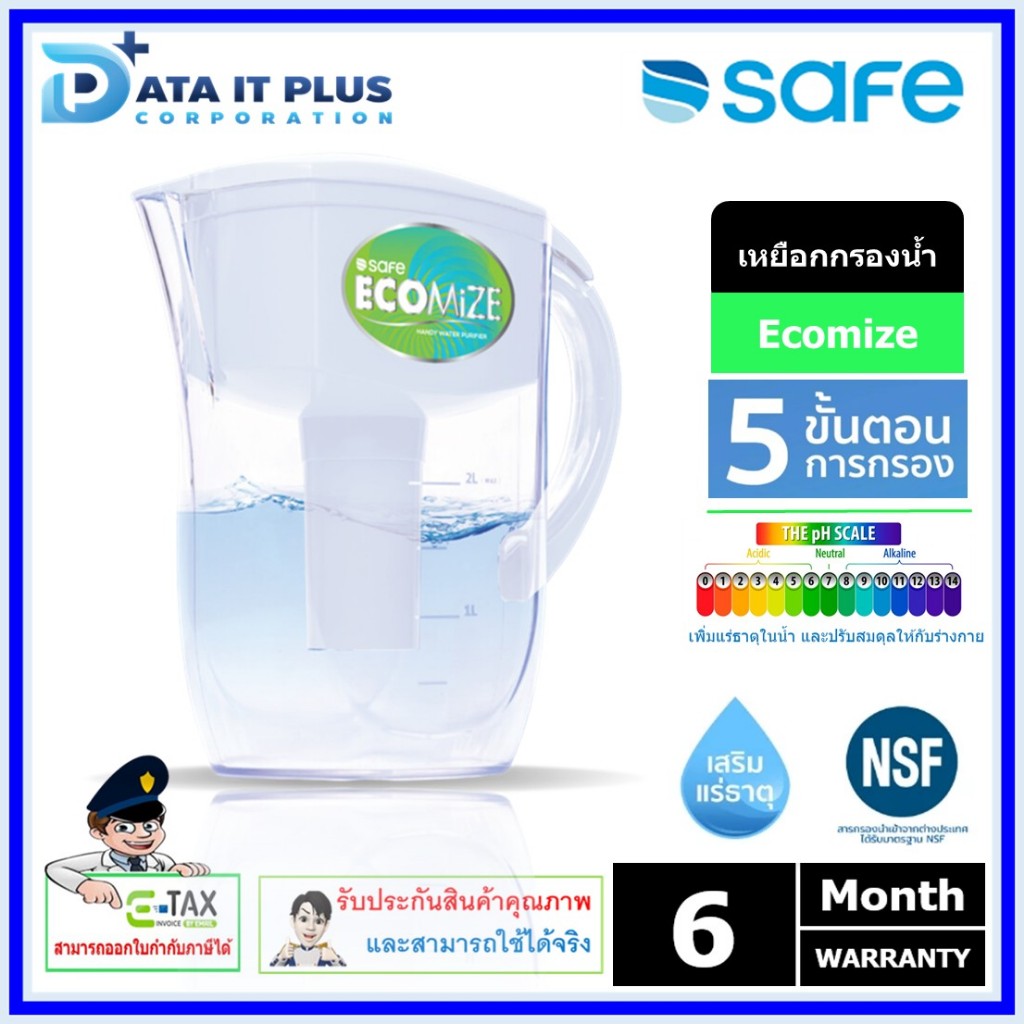 SAFE เหยือกกรองน้ำดื่มเซฟ 6 ขั้นตอน รุ่น Ecomize | เหมาะสำหรับกรองน้ำประปาเท่านั้น