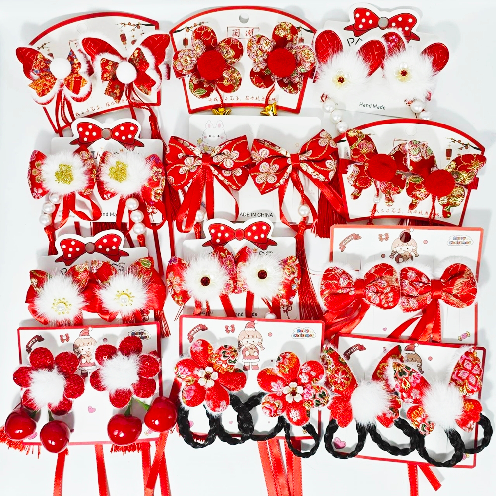 กิ๊บติดผมตรุษจีน ผูกโบว์ตรุษจีน กิ๊บติดผมจีน ปอมปอม สีแดง ยางรัดผมตรุษจีน - 1